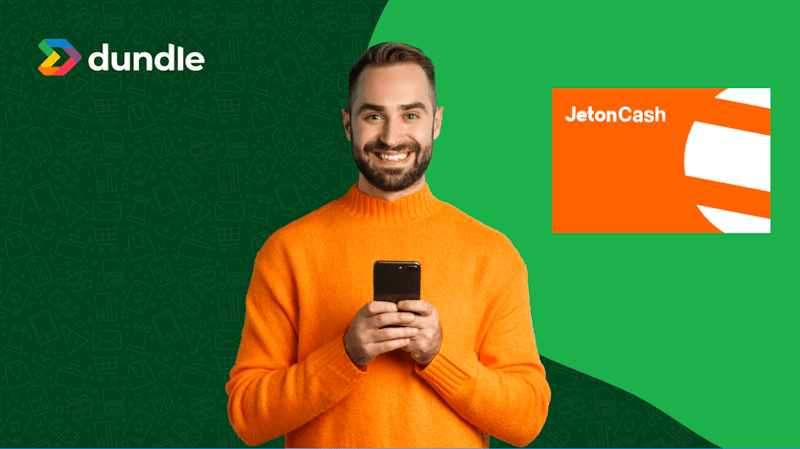Eine Person mit einem orangefarbenen Pullover, die ihr Handy in den Händen hält und neben sich das Logo von Jeton Cash hat.