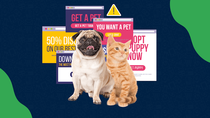 Un carlin et un chaton roux devant de fausses publicités d'adoption ou d’achat, avec des phrases comme "50% de réduction sur nos meilleurs animaux" et "Adoptez un chiot maintenant." Un symbole d'avertissement signale les dangers des arnaques animalières.