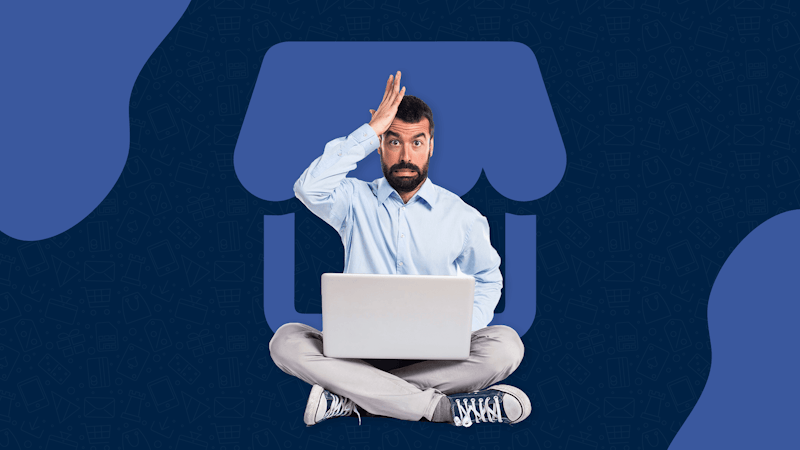 A man with a laptop putting a hand on his hand with a confused look on his face.
