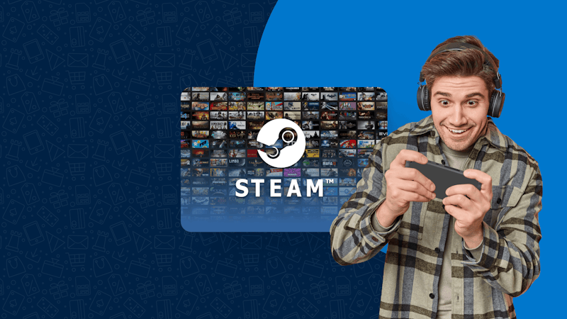 Een man met een koptelefoon speelt op een handheld spelconsole, met een Steam-cadeaubon op de achtergrond.