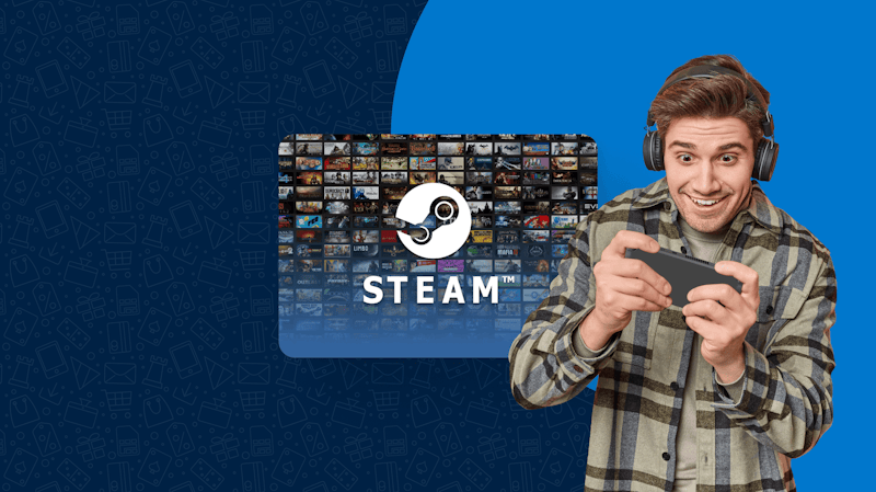 Een man met een koptelefoon speelt op een handheld spelconsole, met een Steam-cadeaubon op de achtergrond.
