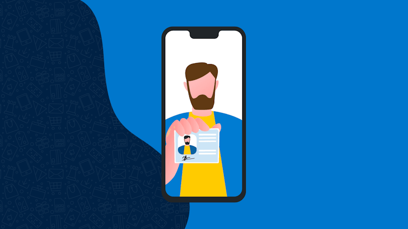An illustration of a man on a phone screen, holding an identity document in front of him as a form of selfie identity verification.