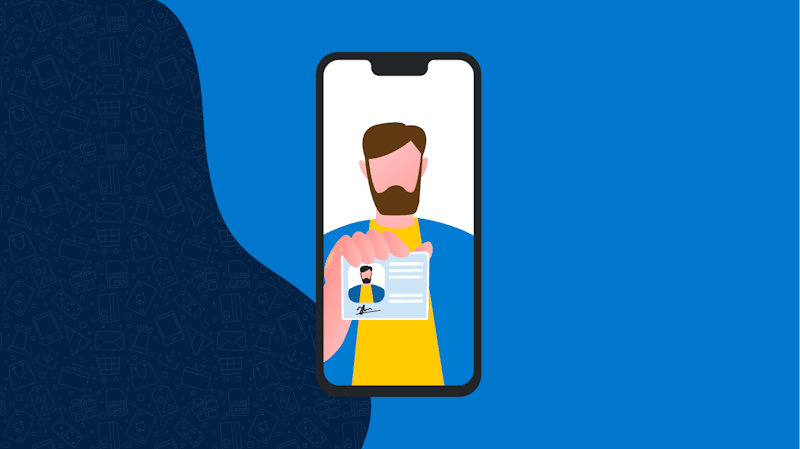Een man op een telefoonscherm, die een identiteitsdocument voor zich houdt als een vorm van selfie identiteitsverificatie.