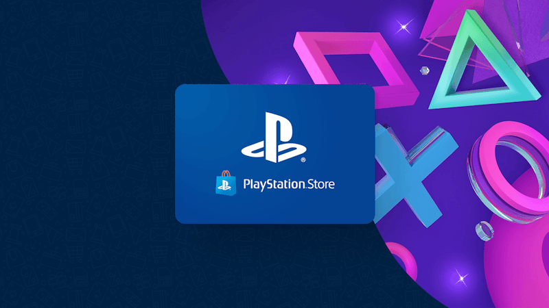 PlayStation Store Gift Card on a dark blue background with bright shapes on the right-hand side.