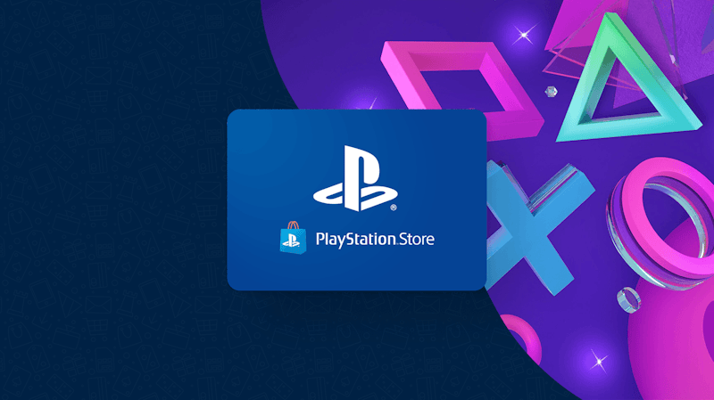 PlayStation Store Gift Card on a dark blue background with bright shapes on the right-hand side.