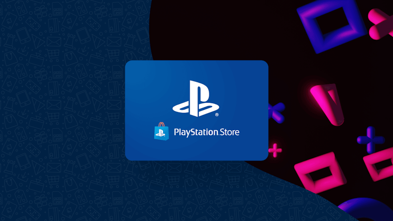ne carte cadeau PlayStation sur un fond bleu. Sur le côté droit, des carrés roses et violets flottent autour d'elle.