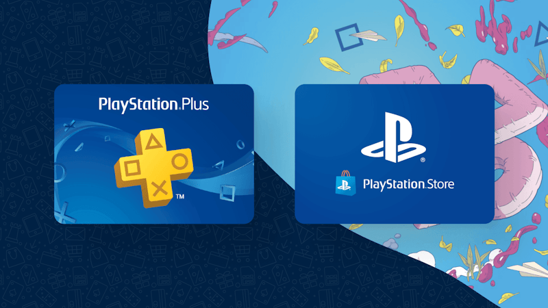 Une carte PSN Store et une carte PSN Plus côte à côte sur un fond bleu marine.