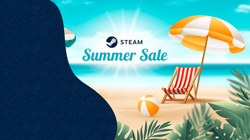 Une photo d'été avec une chaise de plage et un parasol jaune et blanc sur lequel est écrit "steam summer sale".