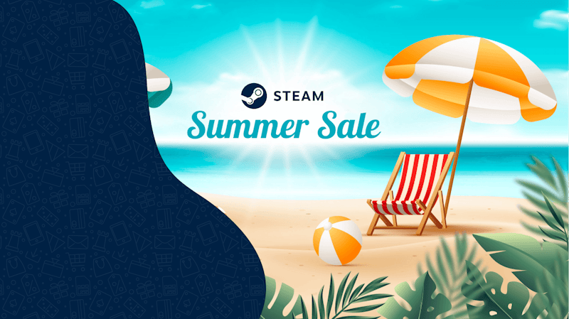 Une photo d'été avec une chaise de plage et un parasol jaune et blanc sur lequel est écrit "steam summer sale".