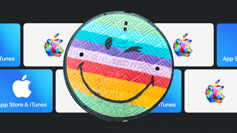 Apple Gift Cards and iTunes Cards behind a colorful smiley face.