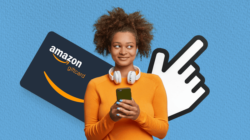 Vrouw met oranje shirt op blauwe achtergrond voor artikel Hoe betaal je met PayPal bij Amazon?