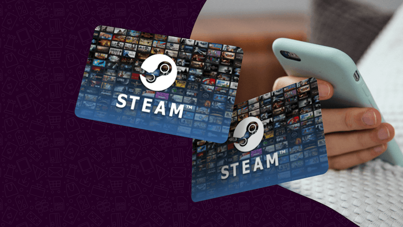 Two Steam Gift Cards floating in the foreground, with a person on a mobile phone in the background.
