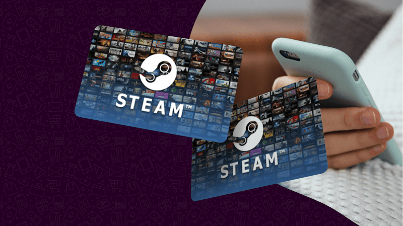Two Steam Gift Cards floating in the foreground, with a person on a mobile phone in the background.