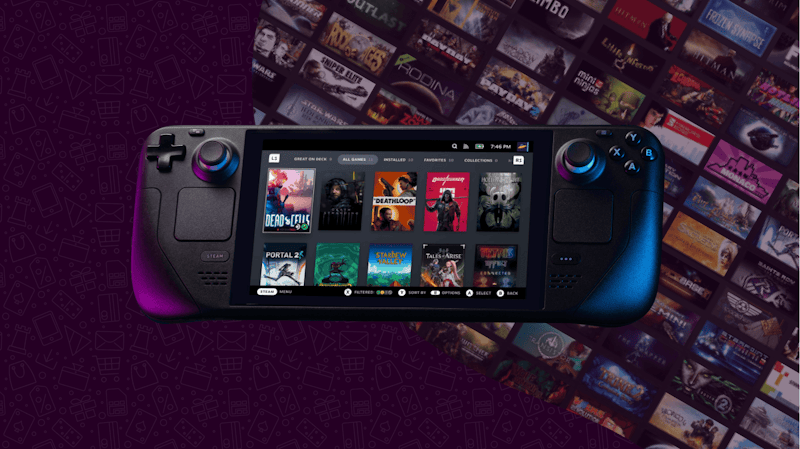A Steam Deck, Valve's portable PC, can be seen in the foreground. Countless PC games are on display on a purple background.