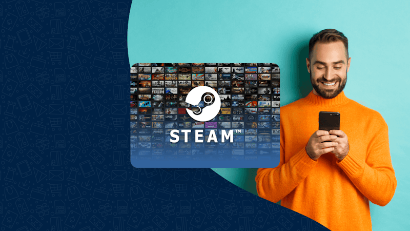 A man in an orange jumper smiling while looking at his phone next to a Steam Card.