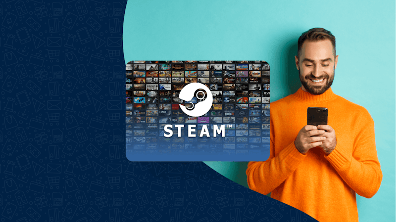 A man in an orange jumper smiling while looking at his phone next to a Steam Card.
