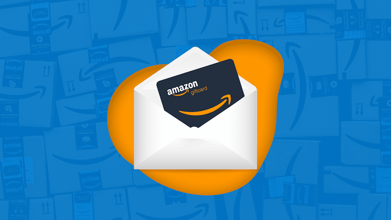 An Amazon gift card inside an envelope over a blue background of Prime delivery boxes.