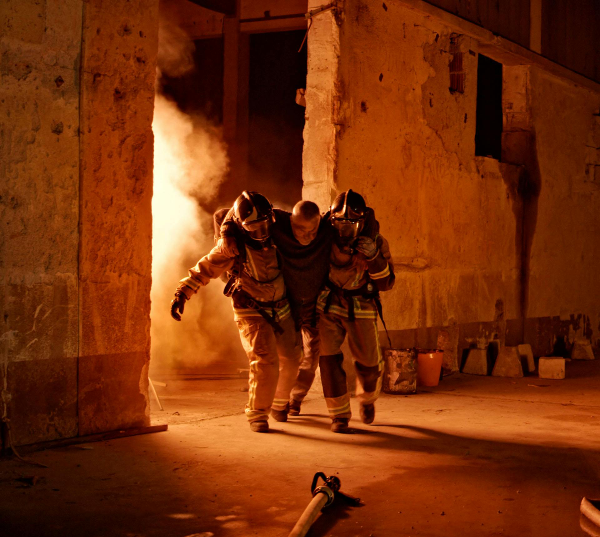 Firefighters rescuing a man from burning building