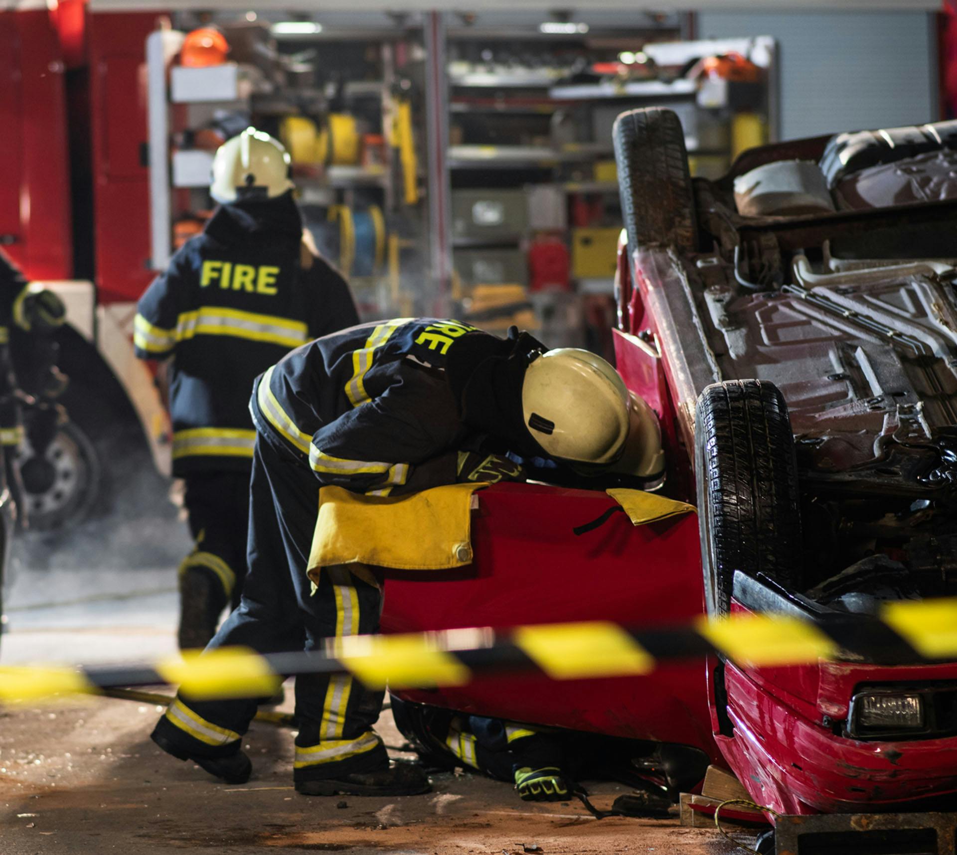 Emergency workers checking car accident