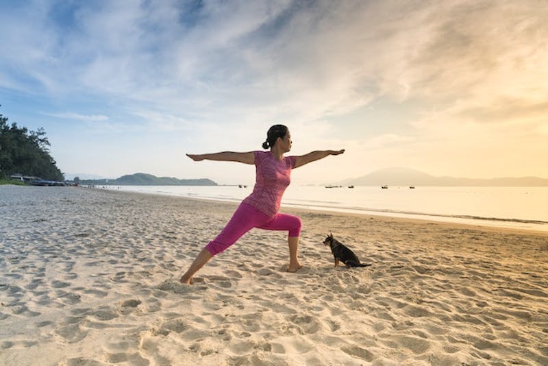woman in pink outfit practicing yoga on beach with dog