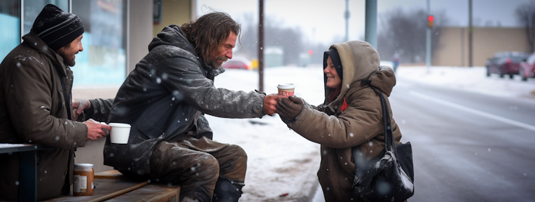 Woman give a food to a homeless man in thunder Bay, Canada