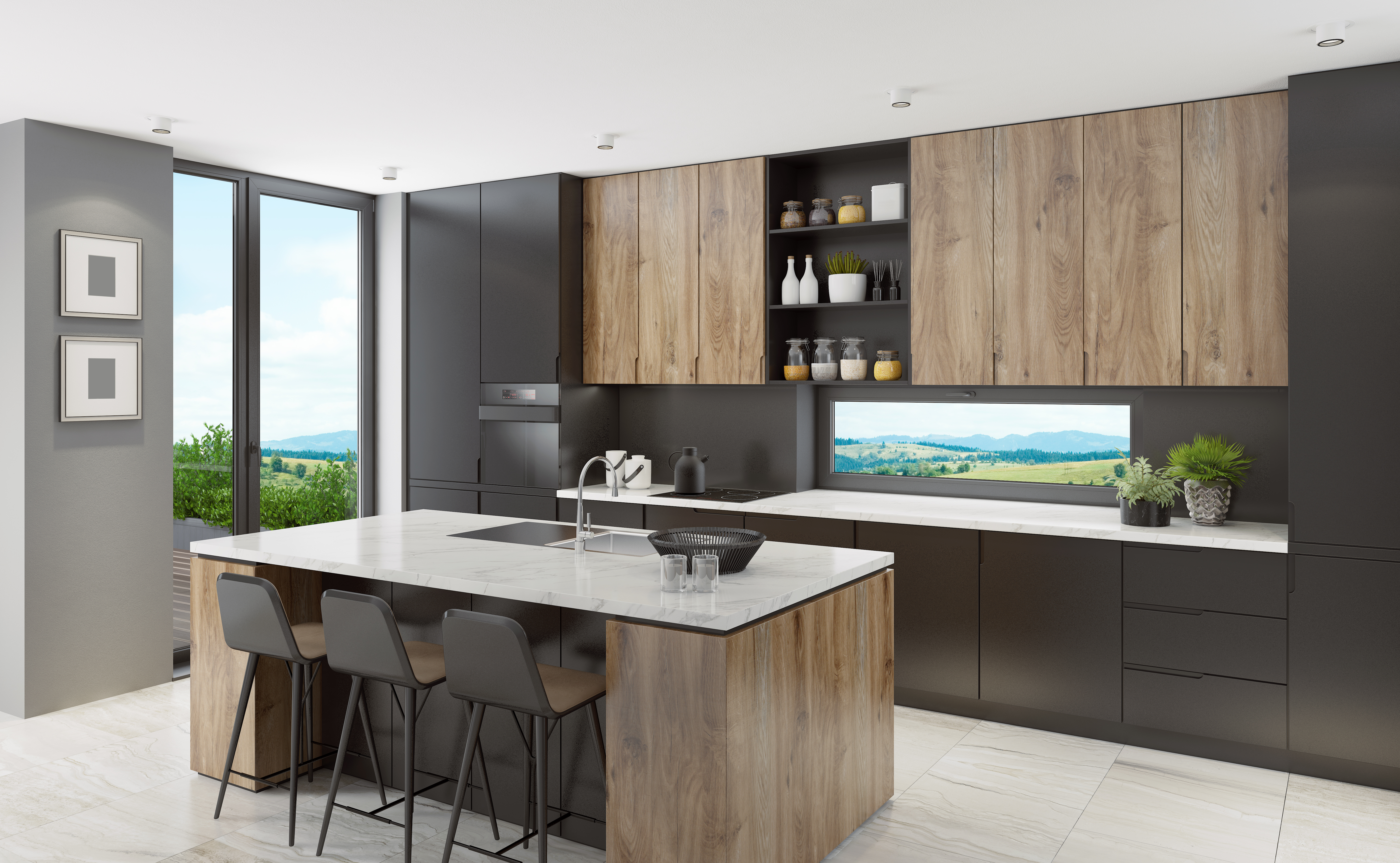 Modern Scandinavian black kitchen with big island table