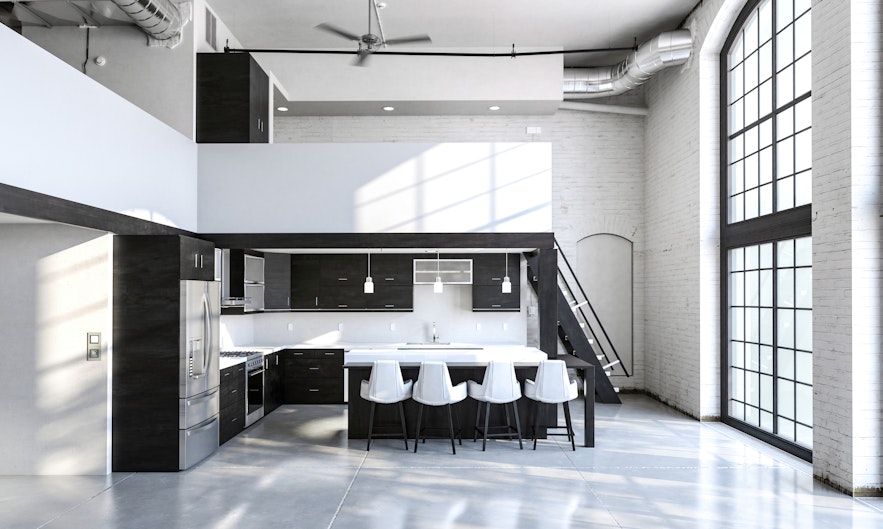 Home  interior loft apartment with stylish kitchen