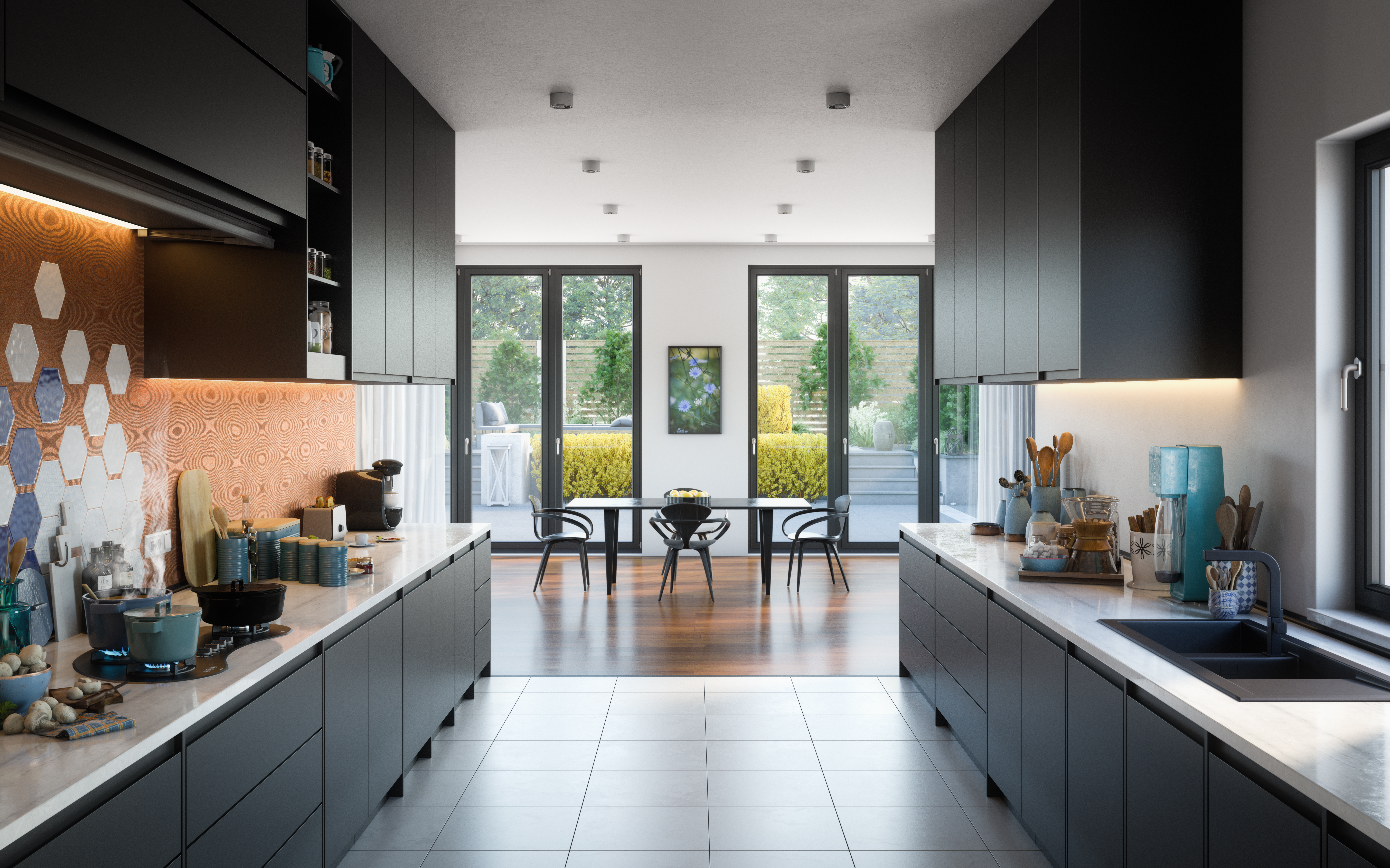 Modern black kitchen with mega counter space