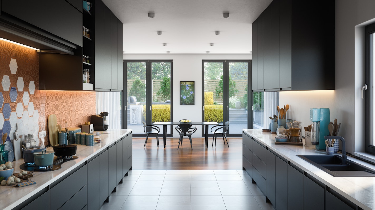 Modern black kitchen with mega counter space