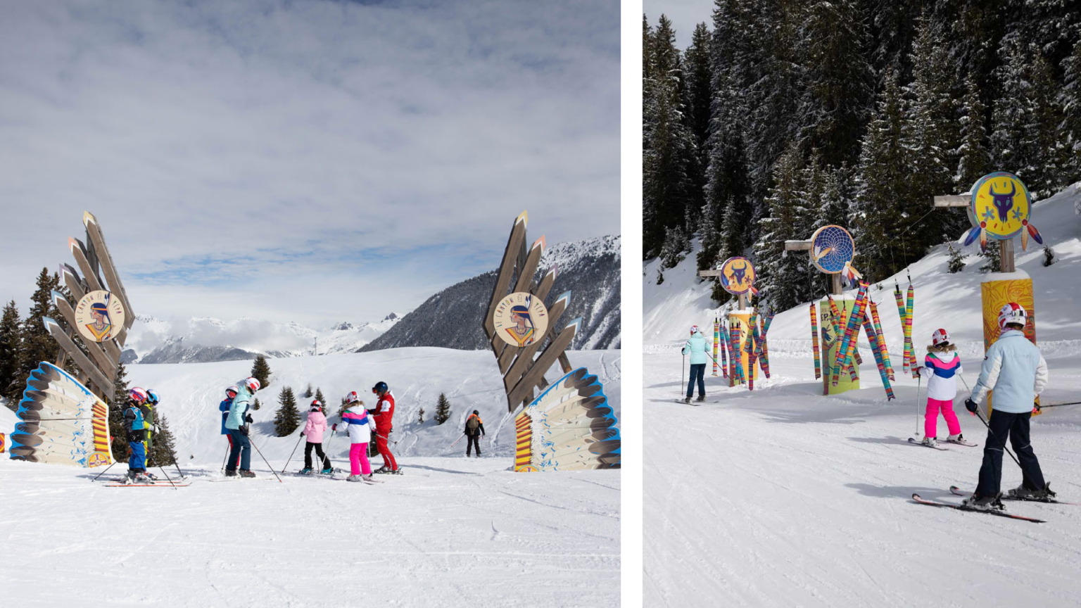 Children are learning to ski on a snowy mountain slope. Adults guide them, and colorful decorations line the path, with pine trees all around.