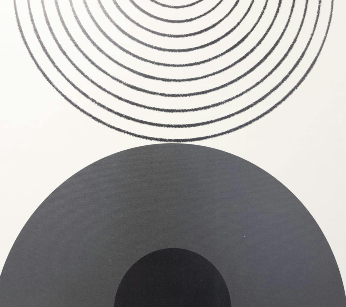Abstract concentric circle against filled in grey circle.