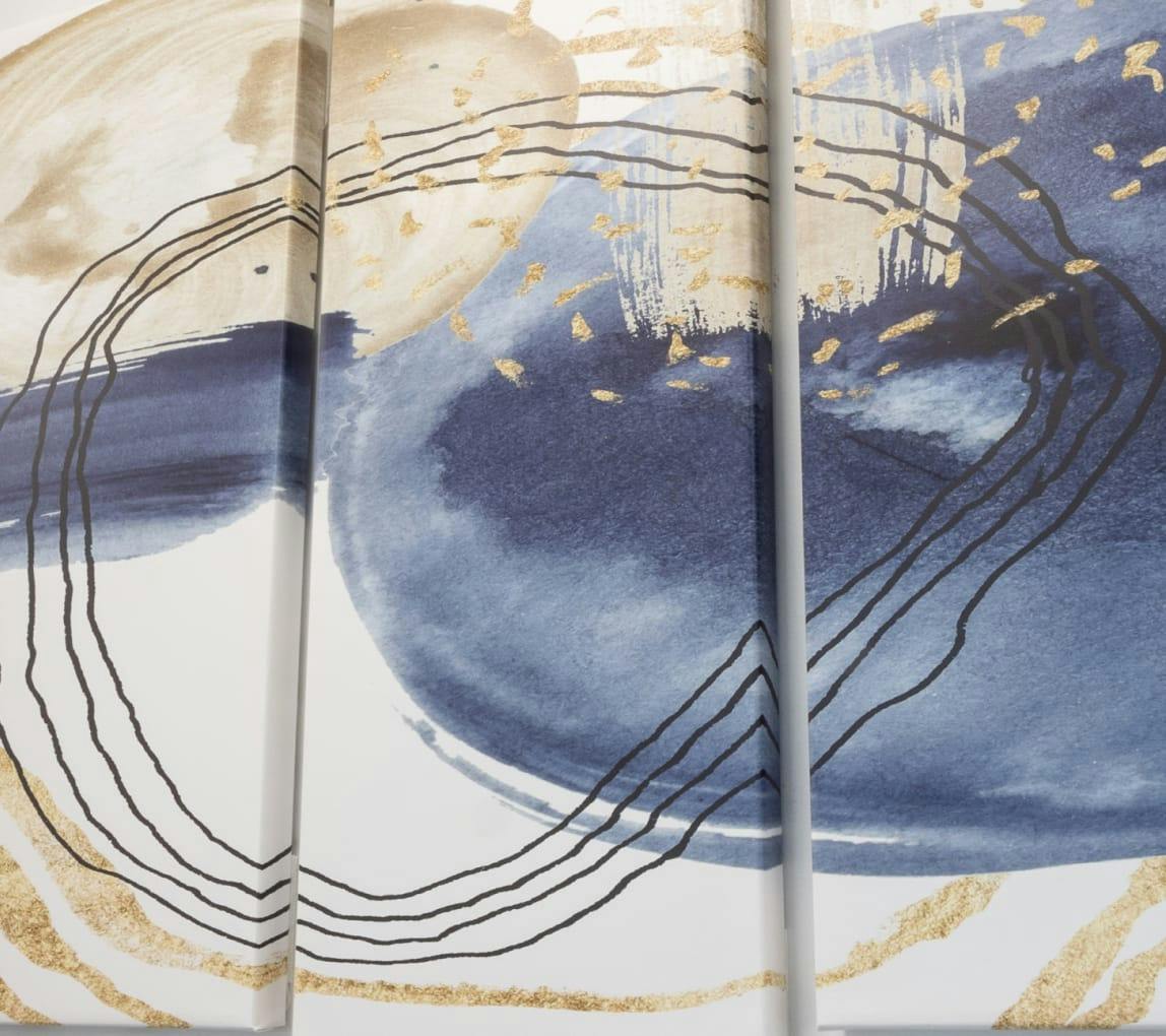 Abstract featuring topographical lines with blue and gold colors.