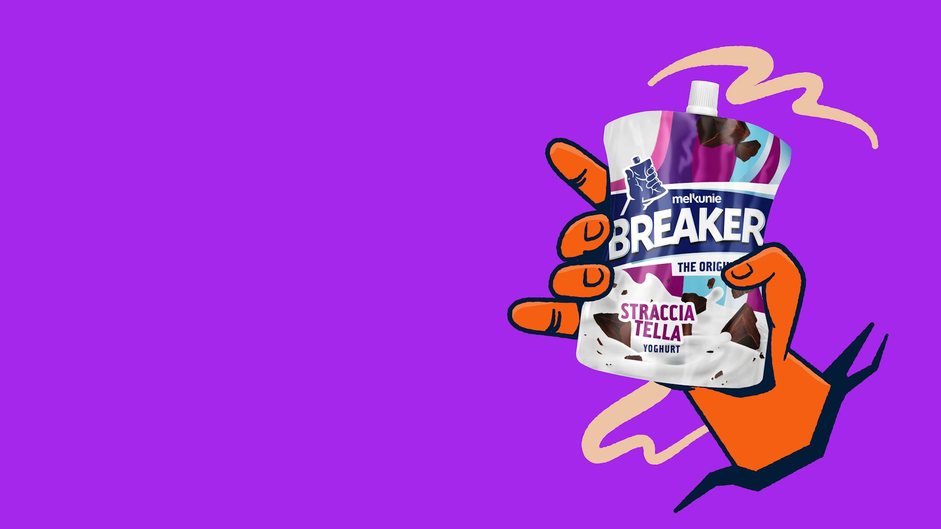 Melkunie Breaker stracciatella in handje met paarse achtergrond.
