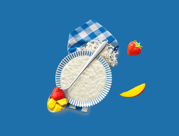 Melkunie rijstepap met aardbei en mango.