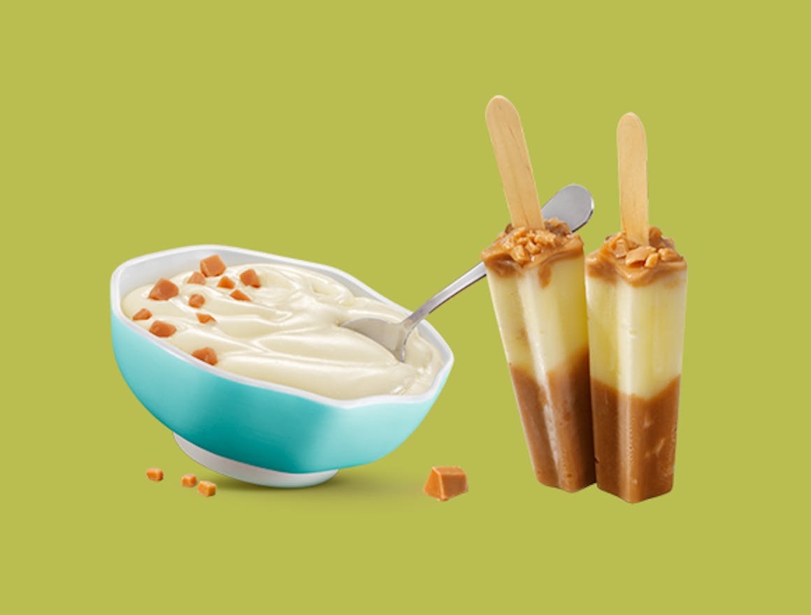 Melkunie peren vla ijsje met karamelvla en karamel fudge.