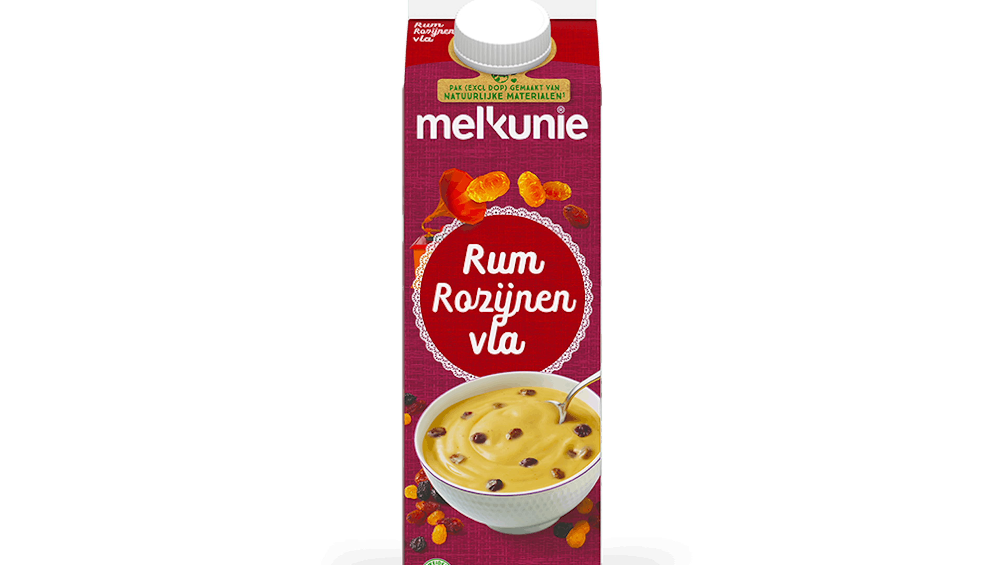 Melkunie rum rozijnen vla verpakking.
