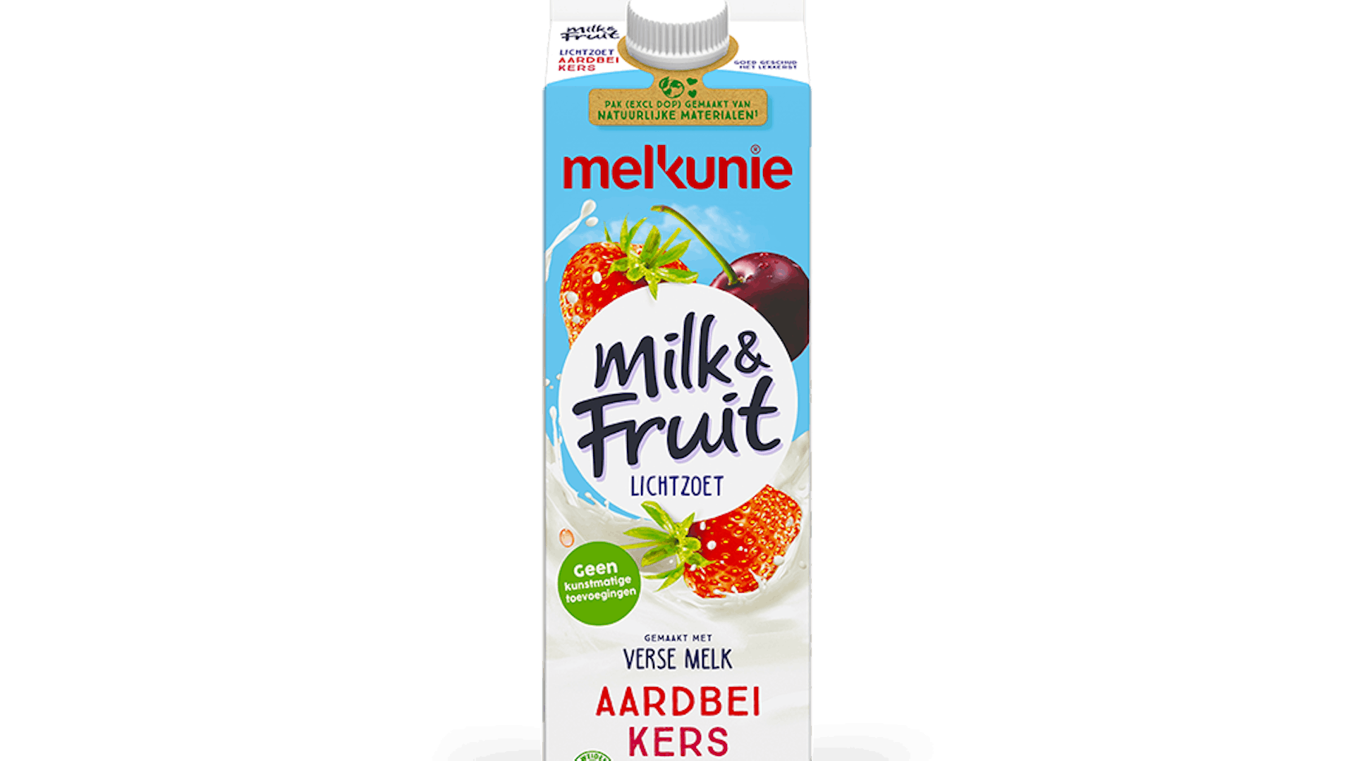 Melkunie milk and fruit aardbei kers verpakking.