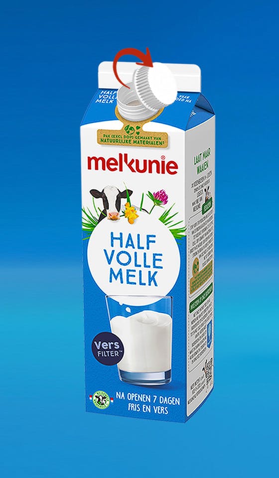 Melkunie halfvolle melk pak met nieuwe dop.