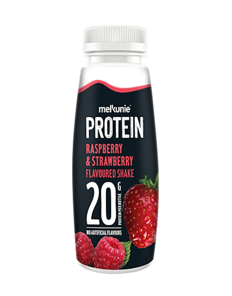 Melkunie PROTEIN framboos aardbei shake verpakking.