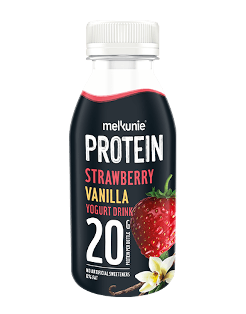 Melkunie PROTEIN aardbei vanille yoghurt drink verpakking.