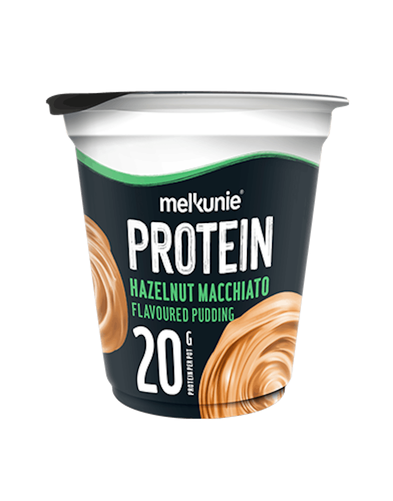 Melkunie PROTEIN hazelnoot macchiato pudding verpakking.