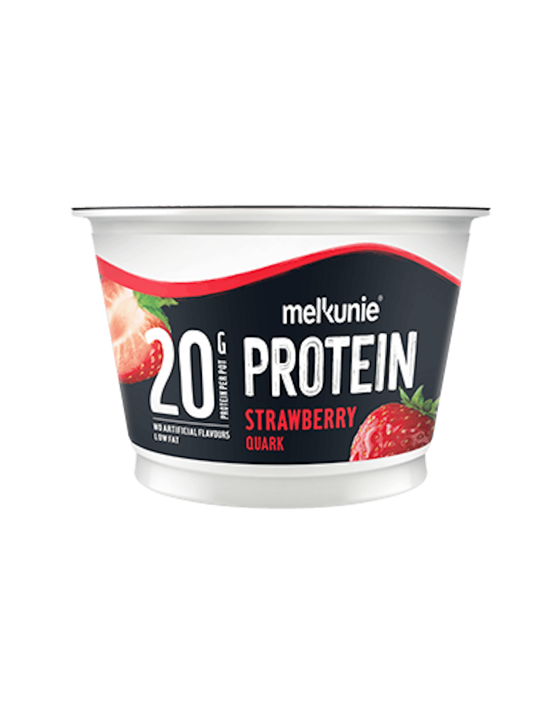 Melkunie PROTEIN aardbei kwark verpakking.