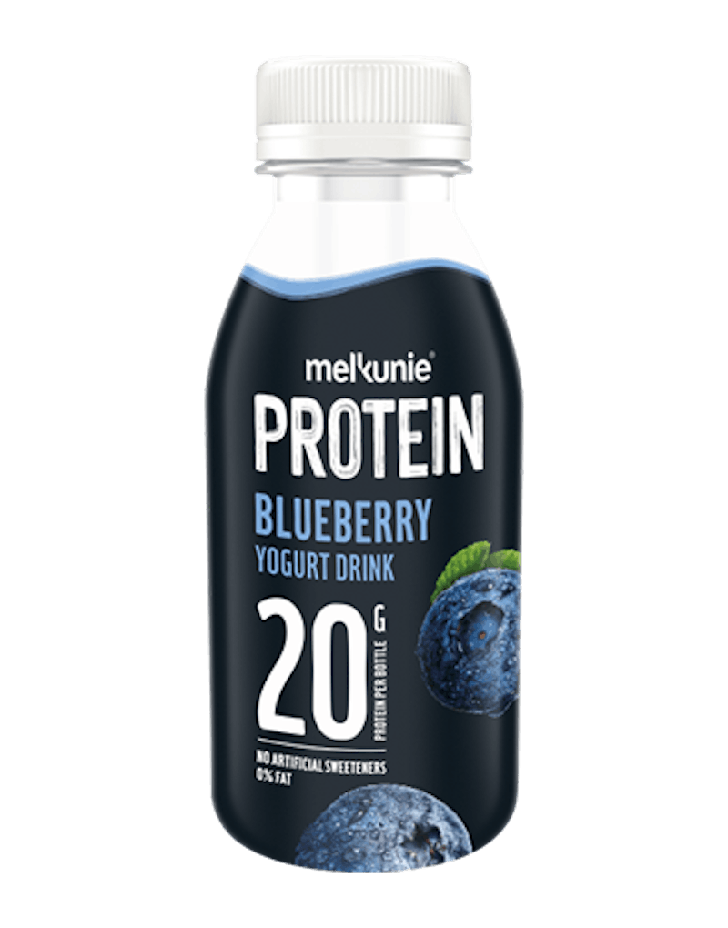 Melkunie PROTEIN bosbes yoghurt drink verpakking.