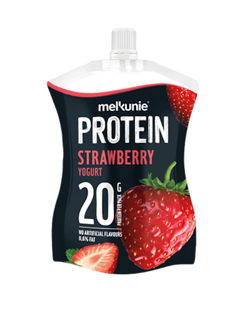 Melkunie PROTEIN aardbei yoghurt verpakking.