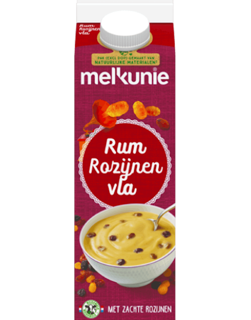 Melkunie rum rozijnen vla verpakking.