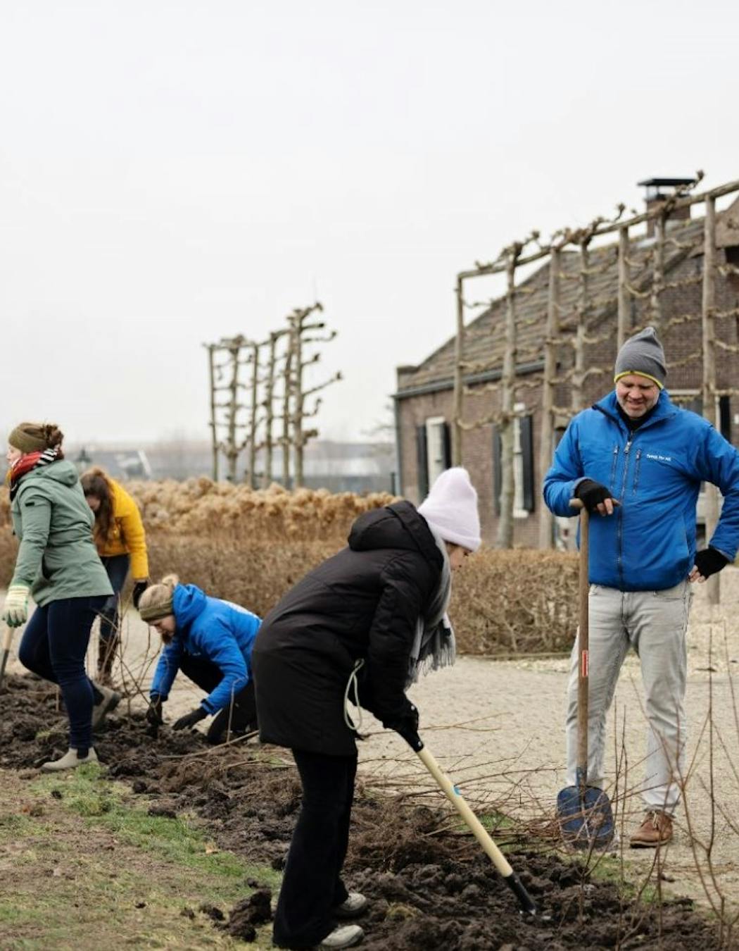 Mensen bomen planten op boerderij