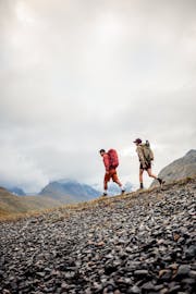 Two people hiking.