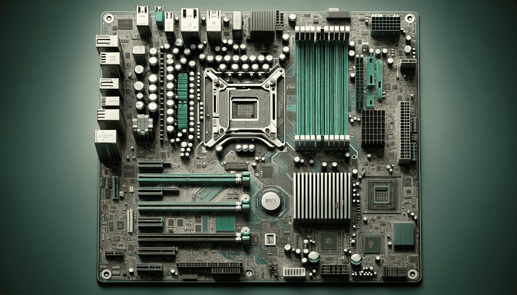 Visualize A Detailed Image Of A Computer Motherboard The Motherboard Should Be Depicted From A Top View Showcasing A Variety Of Components Such As T