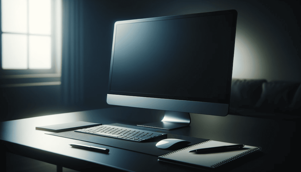 Create An Image Of A Computer Setup Where The Computer Has A Dark And Blank Screen The Scene Includes A Sleek Modern Desk With A Computer Monitor K