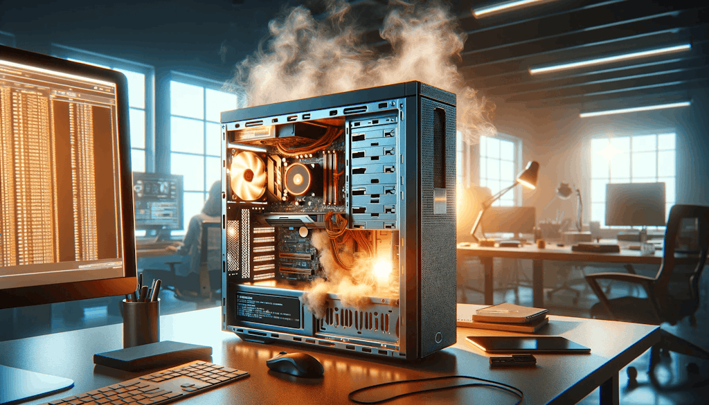 Picture A Scene Where A Computer Is Visibly Overheating The Computer Should Be Open With Internal Components Like The Cpu Gpu And Heatsinks Expose